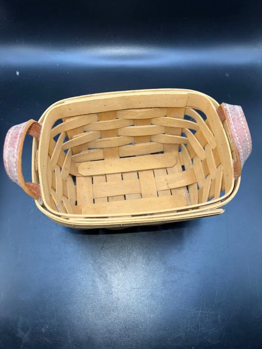 Longaberger Handmade Basket Leather Handles 2003 Rustic Woven Wood USA Vintage